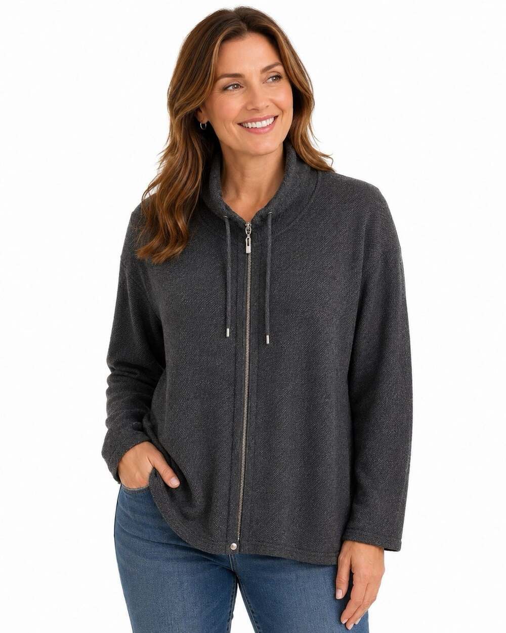 Chico’s Weekends Gray Zip Front Knit Cardigan Jacket Size 1 Medium Cotton Blend